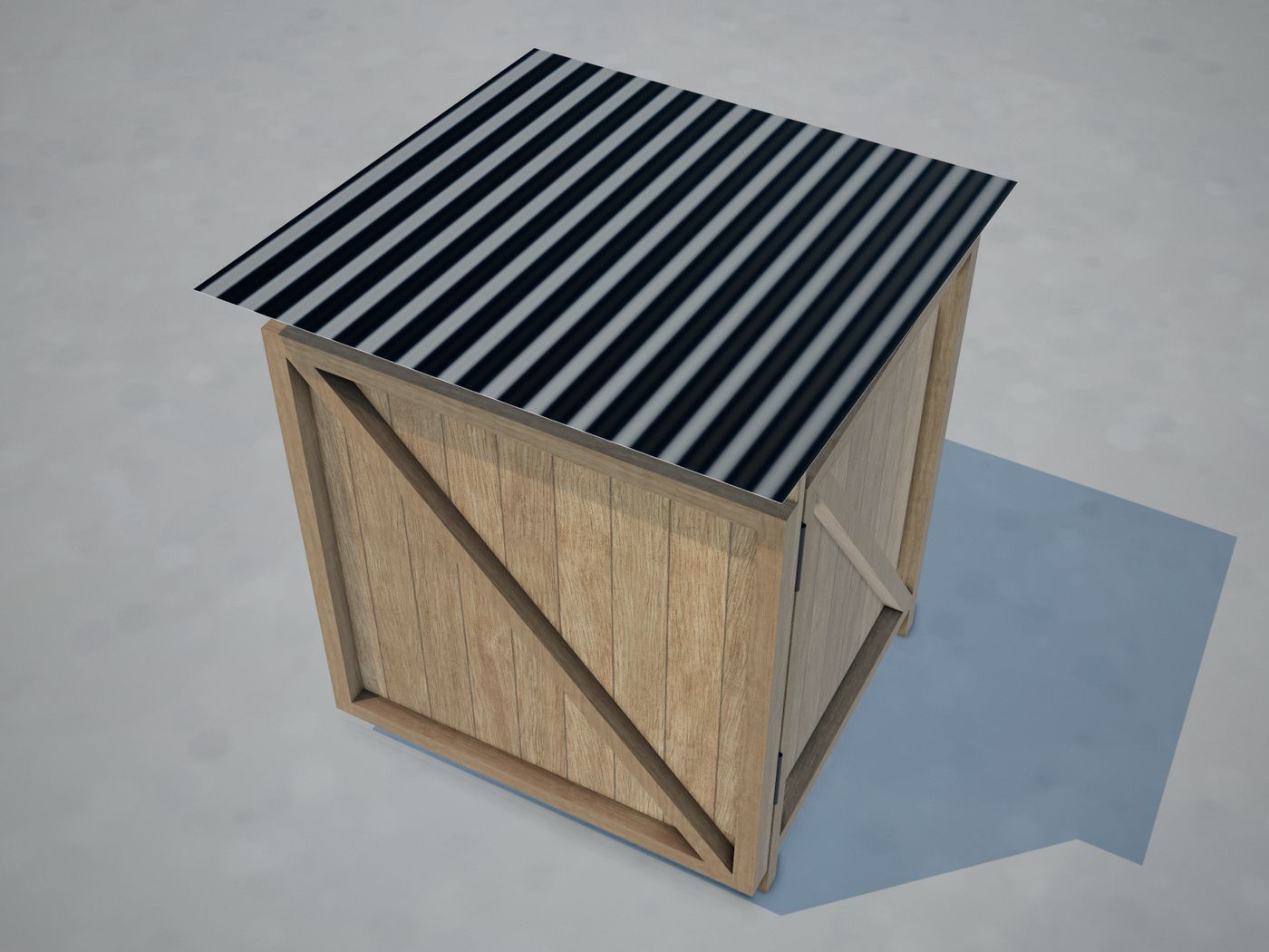 The mono-pitch roof and its sheet overhangs.