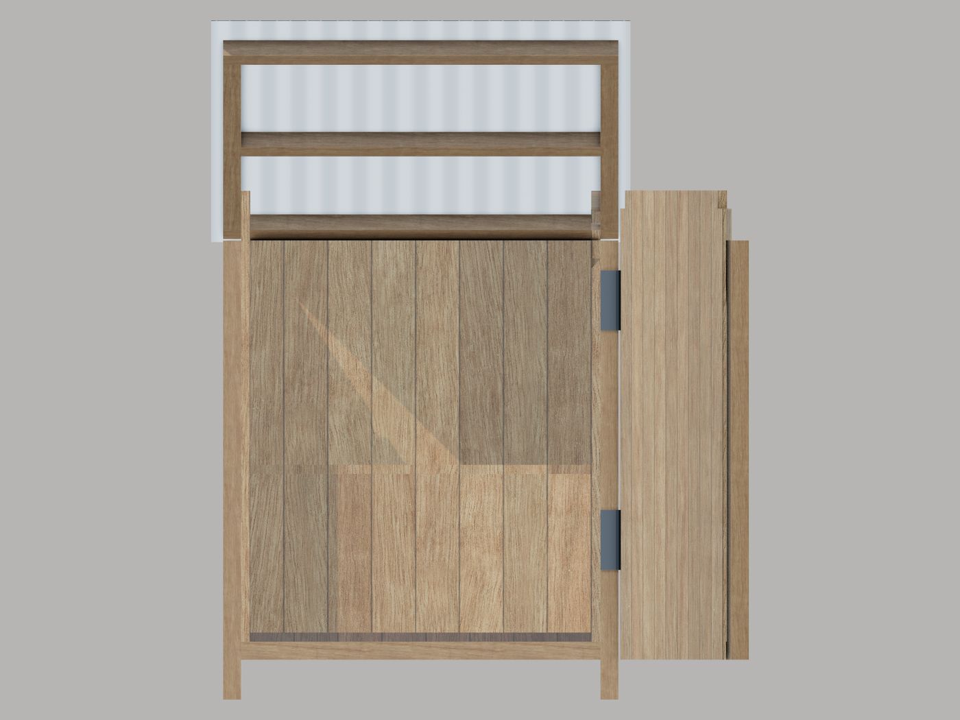 Square-on with the door swung, showing the opening.