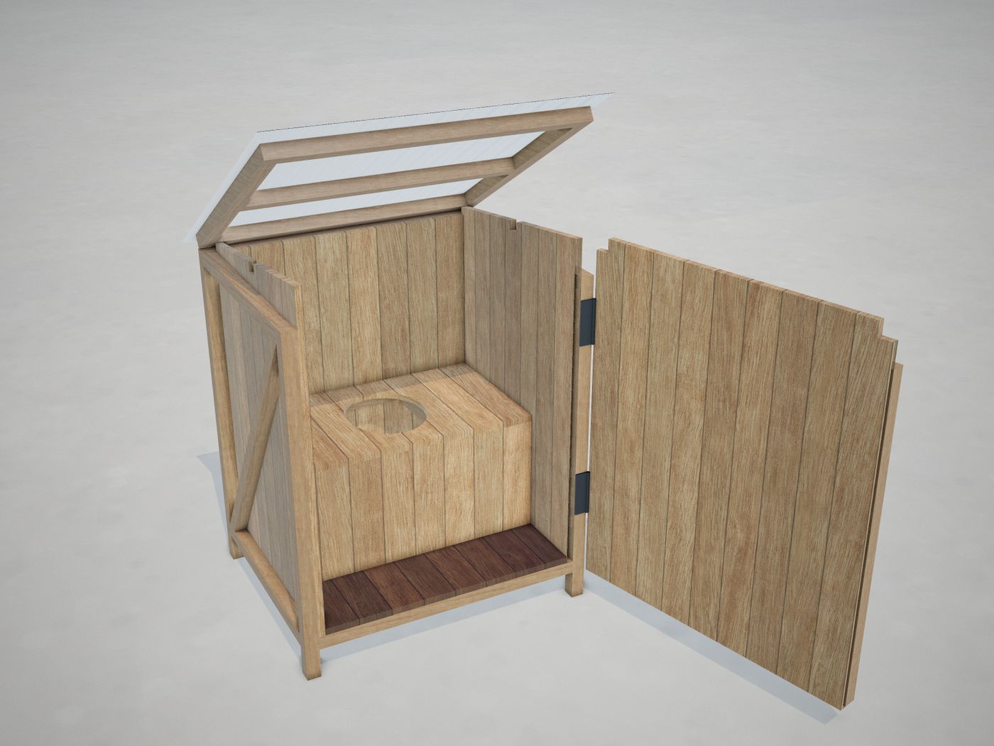 Down onto the seat box, floor deck, and back wall.